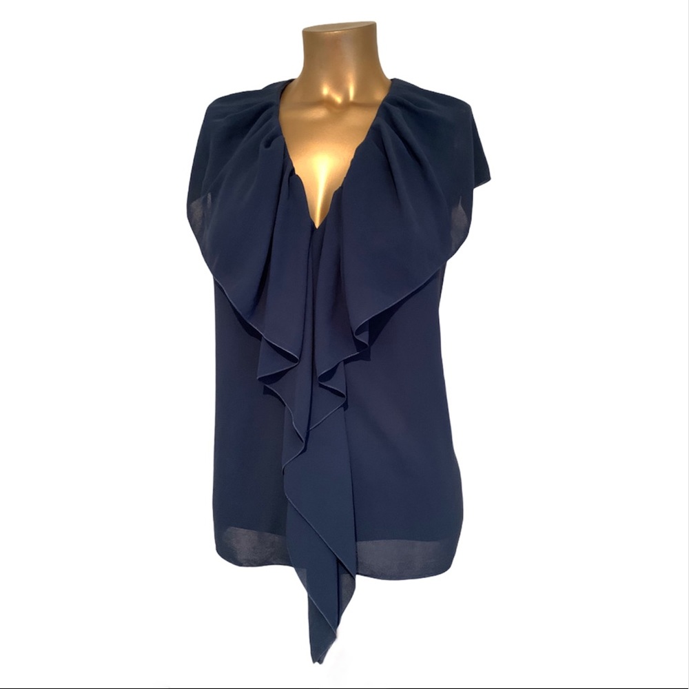 LANVIN Sleeveless V-Neck Blouse with Ruffles Blue